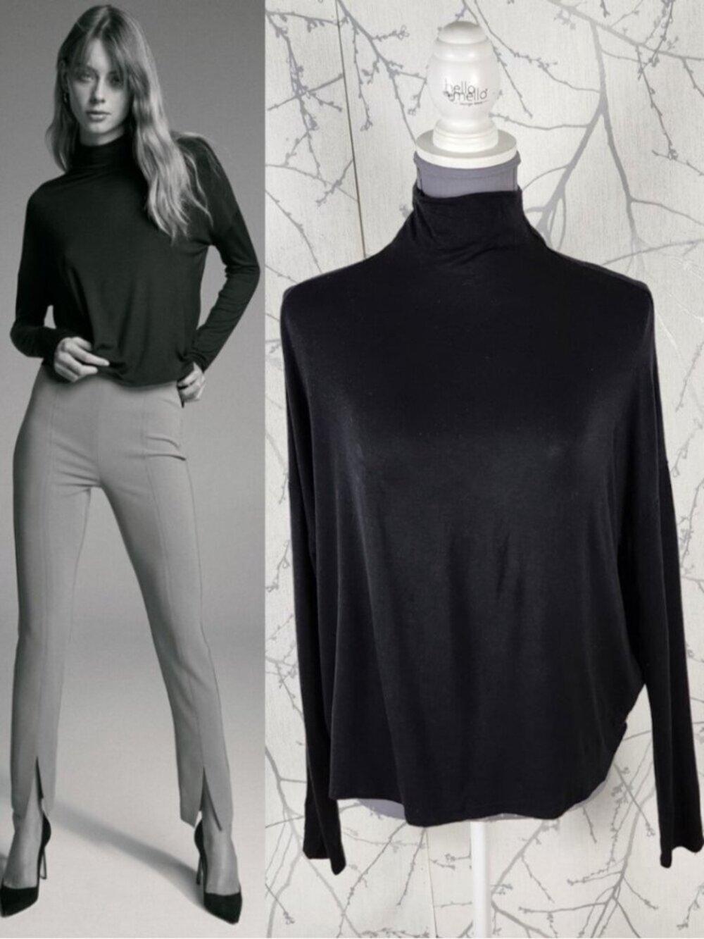 Babaton Black Stretch Jersey Loose Fit Mockneck Long Sleeve